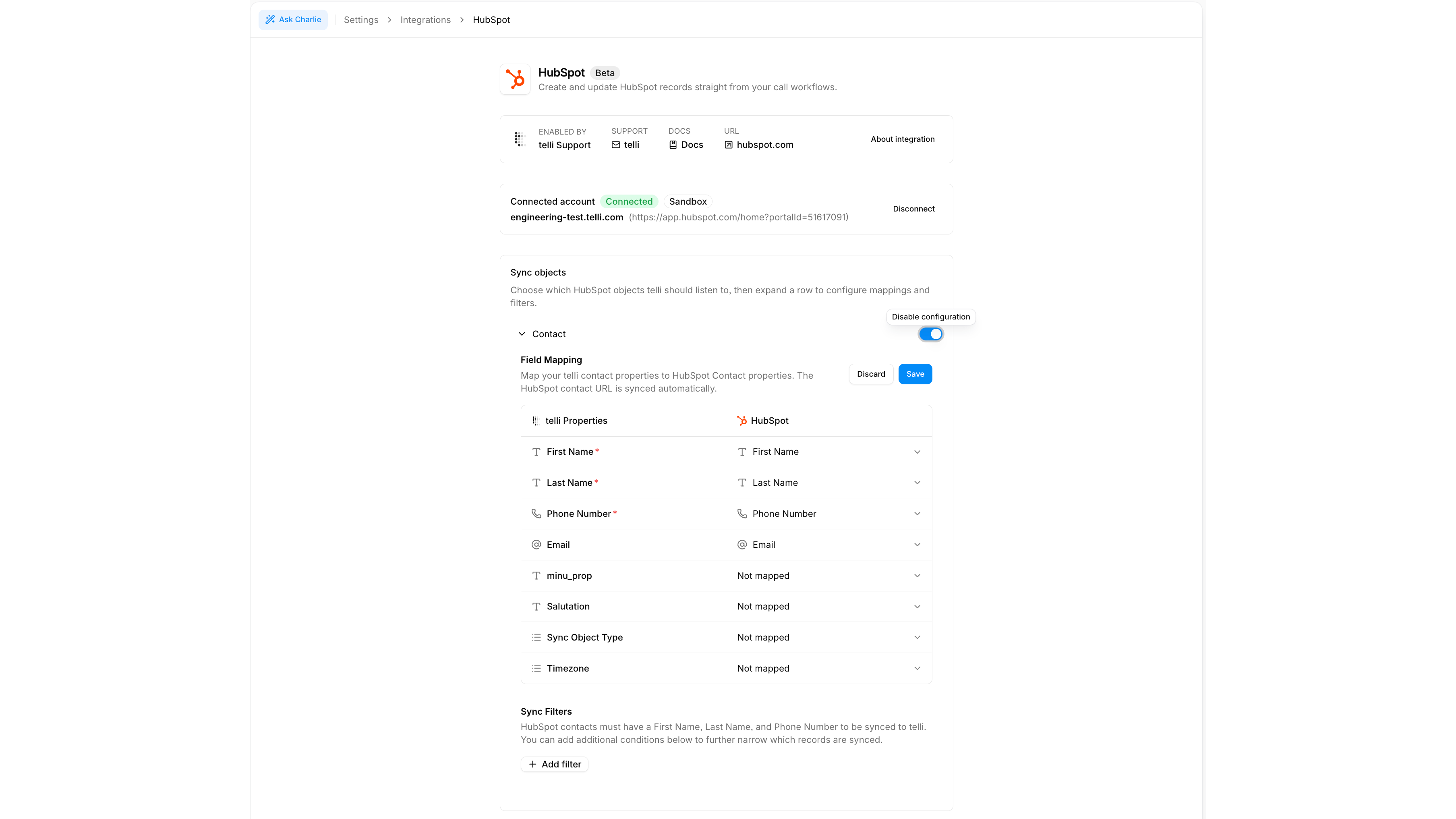 Pantalla de asignación de campos de contacto de HubSpot a Telli