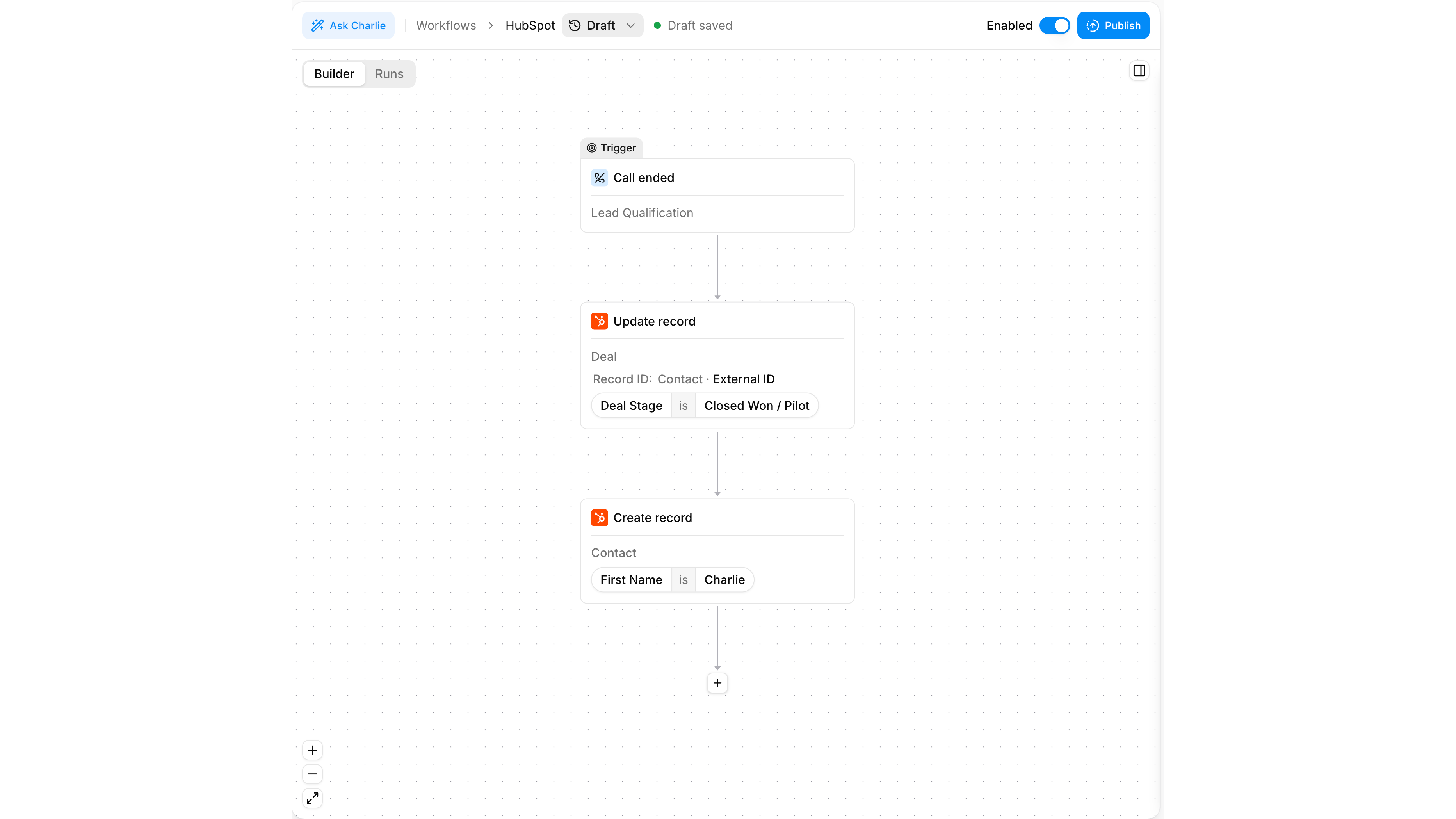 Pantalla del generador de flujos de trabajo de Telli para crear y actualizar registros en HubSpot